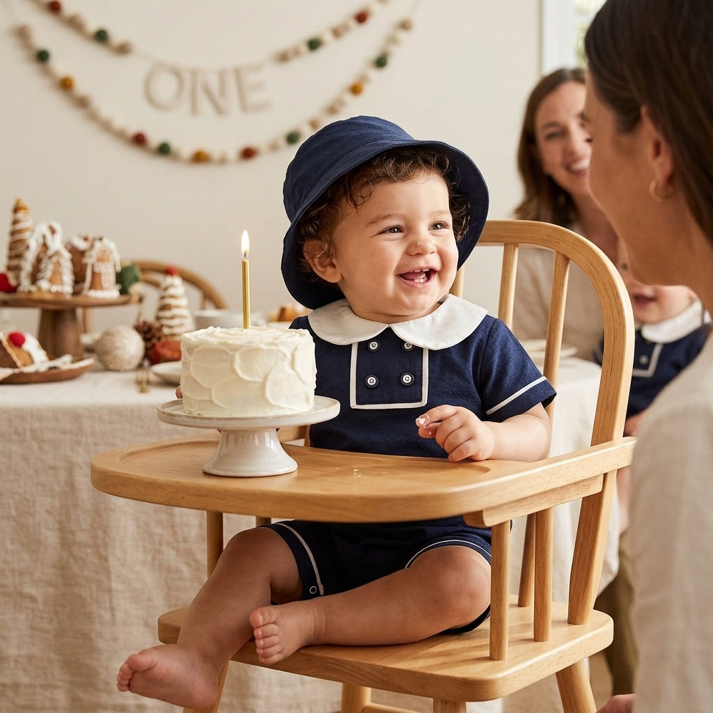 Bebé con pelele Mimou Babywear con cuello de muñeca en la celebración del primer cumpleaños