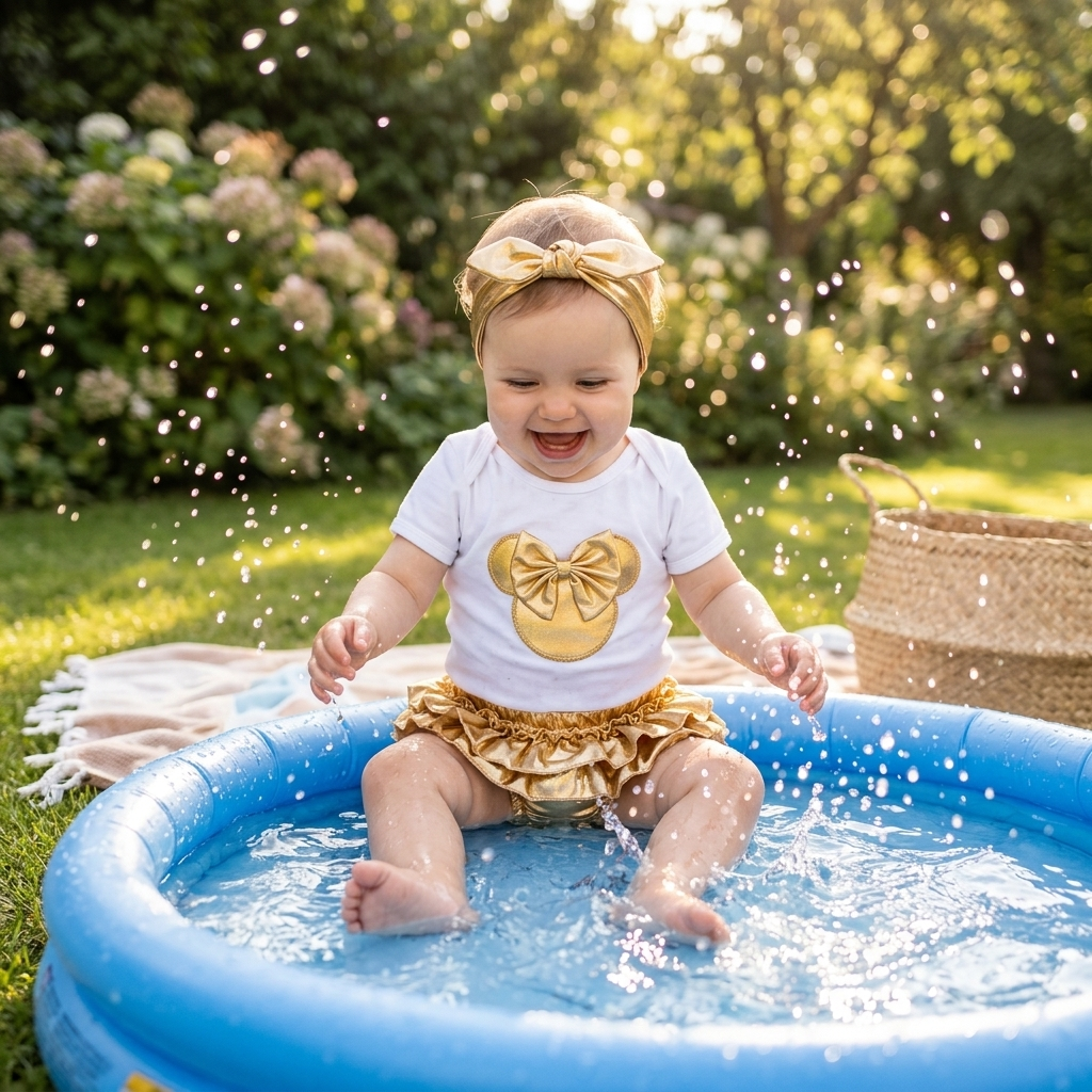Bebé con pelele y conjunto de pantalones cortos de verano Mimou Babywear chapoteando en una piscina inflable