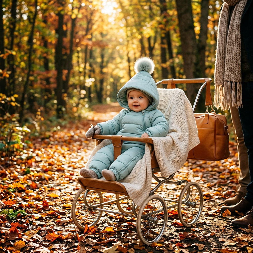 Bebé en mono grueso con capucha Mimou Babywear en cochecito de otoño