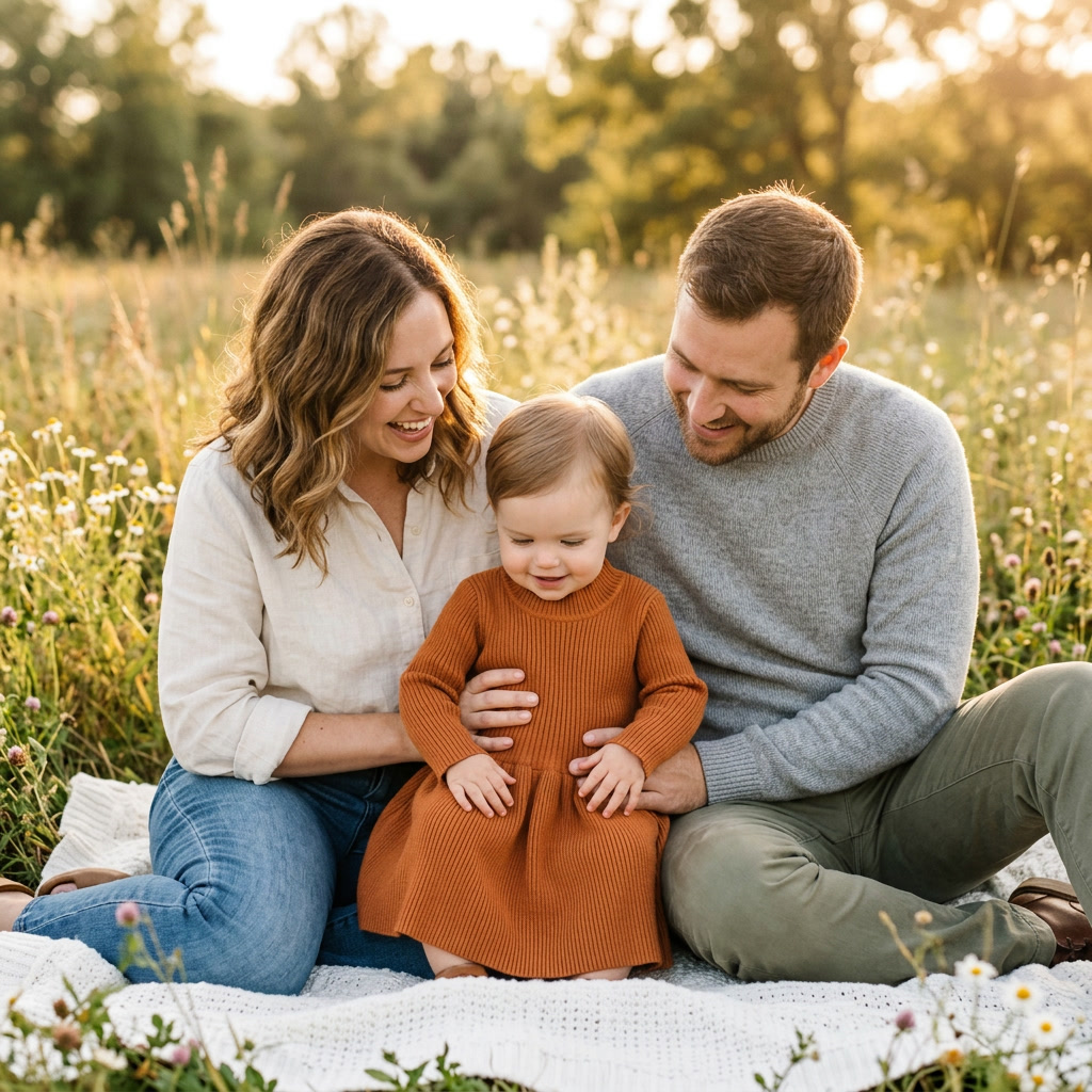 Baby girl in Mimou Babywear Lotus Collar Knit Dress between mom and dad in a sunlit meadow