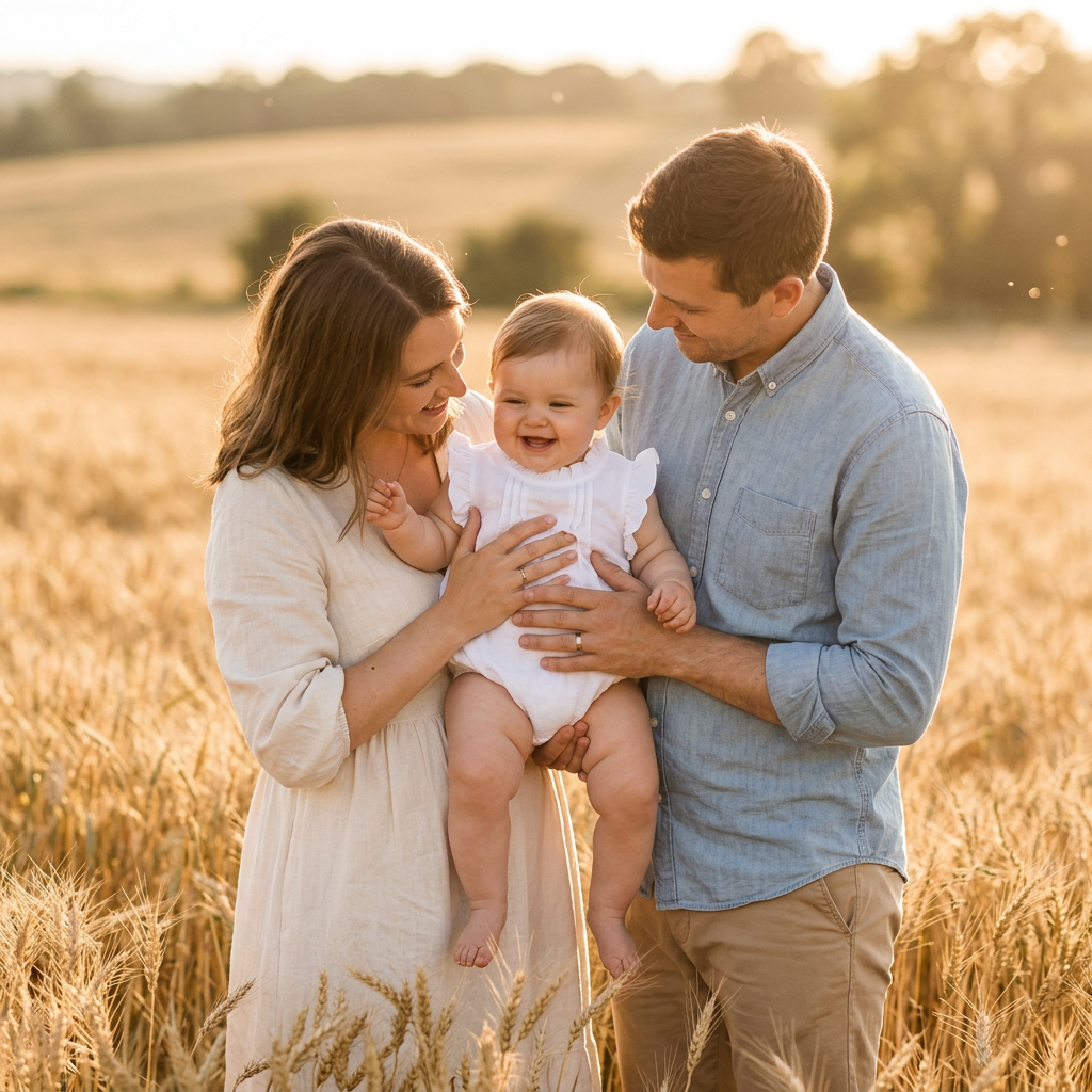 Baby in Mimou Babywear Linen Blend Sleeveless Romper held by parents in a sunny wheat field