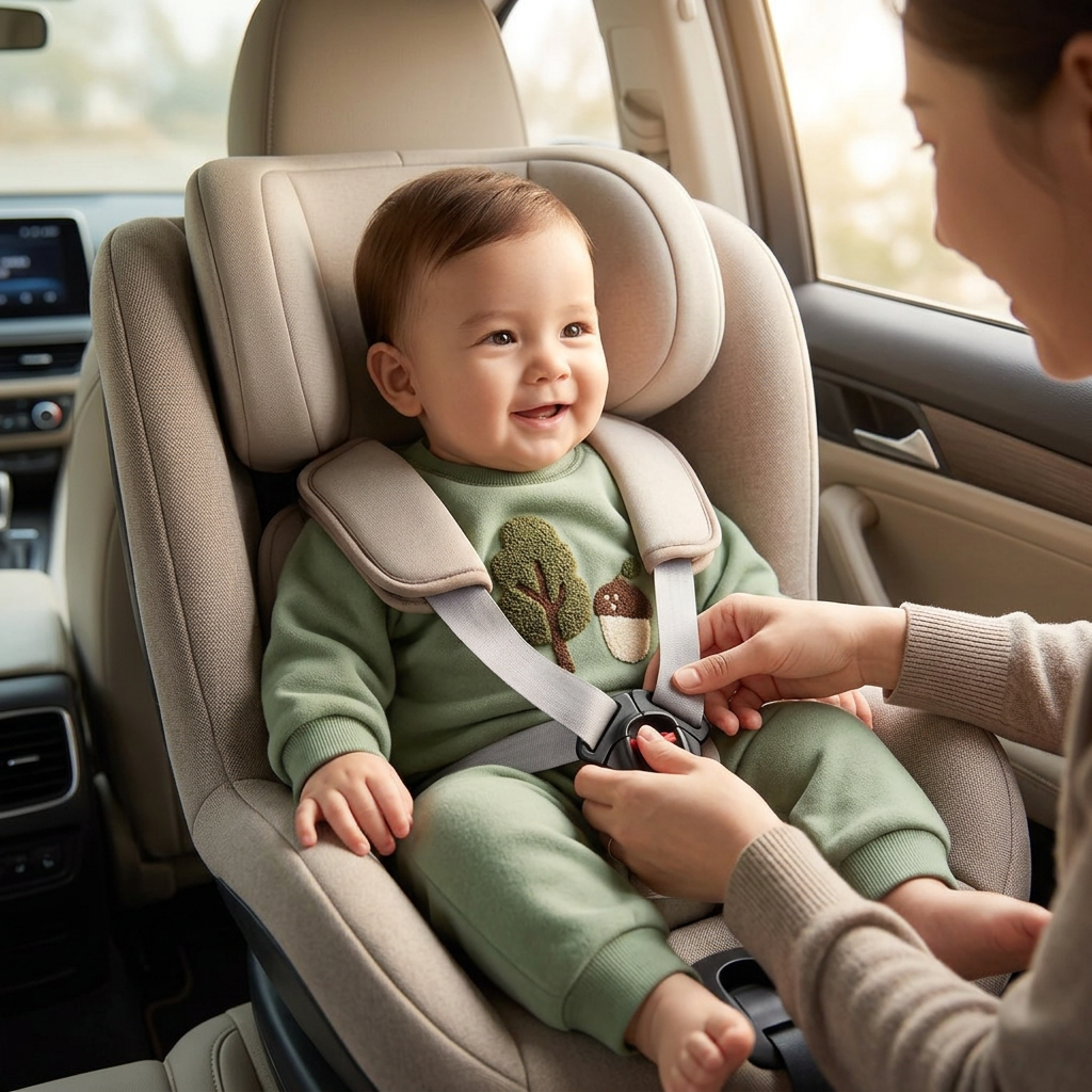 Baby in Mimou Babywear Fleece Long-Sleeve Jumpsuit in a car seat