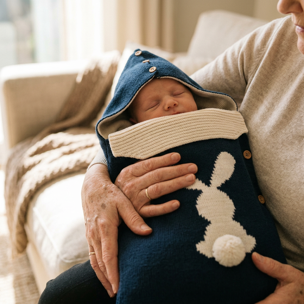 Newborn in Mimou Babywear Rabbit Button Wool Cocoon held by grandma