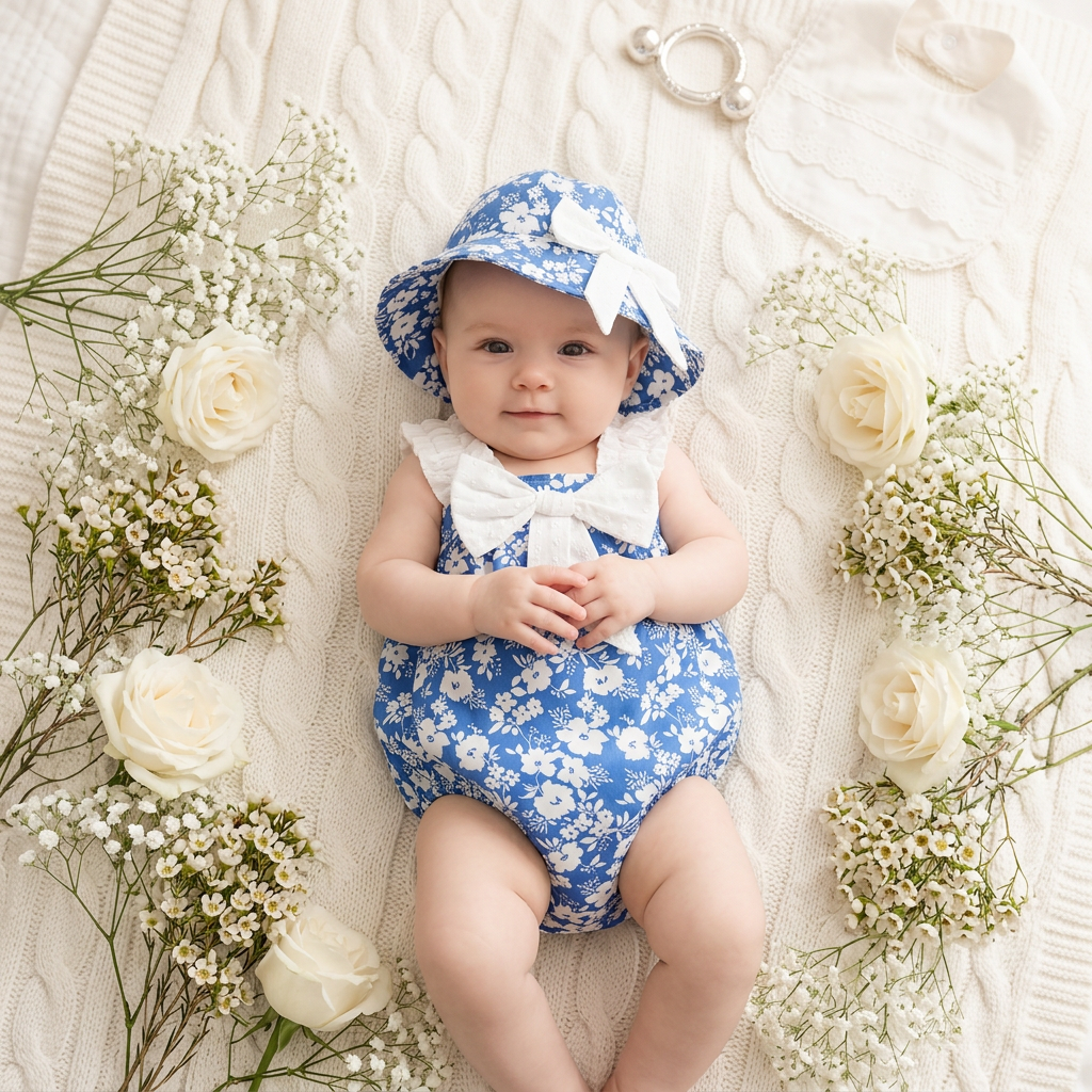 Bebé con body de lazo con estampado porcelana de Mimou Babywear sobre una manta de bautizo con flores blancas
