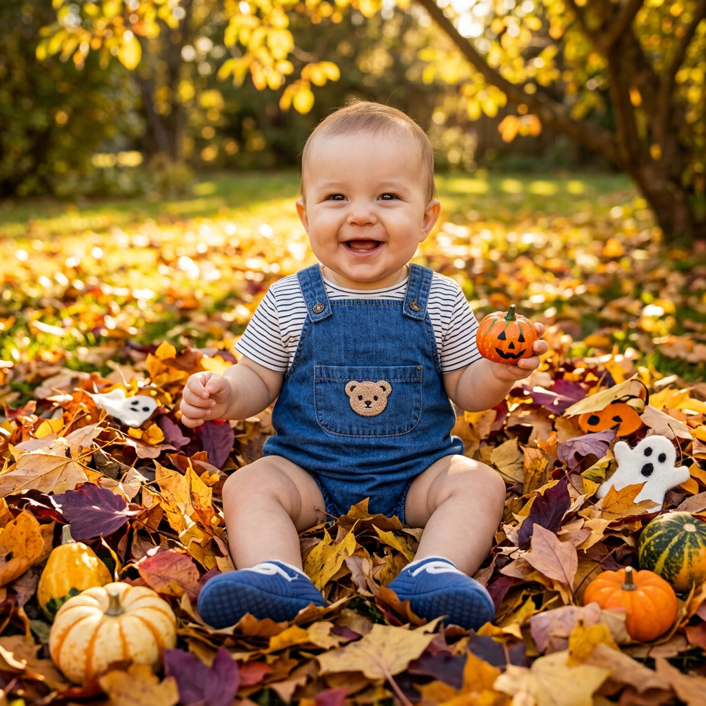 Baby in Mimou Babywear Bear Pocket Denim Shortalls with a pumpkin in autumn leaves