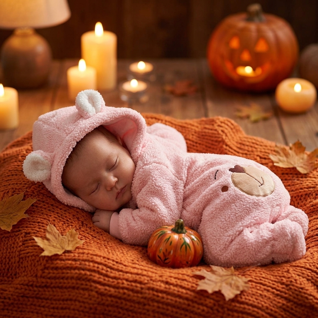 Newborn in Mimou Babywear Fleece Hooded Suit next to a pumpkin in autumn atmosphere
