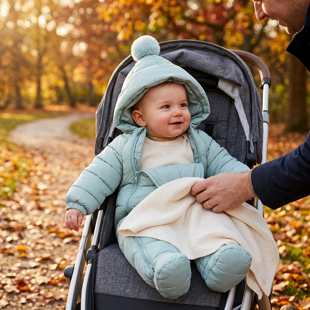 Baby in Mimou Babywear Thick Hooded Outdoor Jumpsuit layered over a bodysuit in an autumn stroller