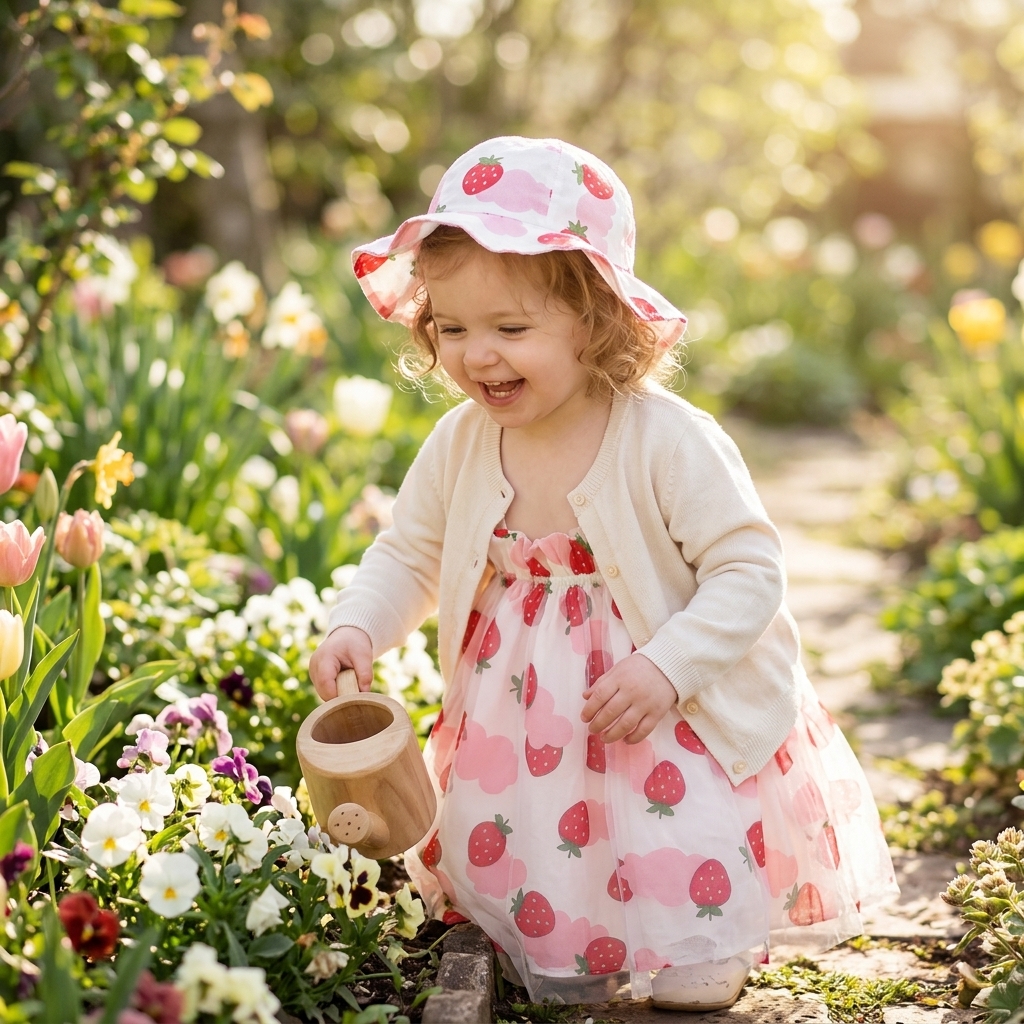 Toddler in Mimou Babywear Fruit Print Dress and Hat with a cardigan layer in a spring garden