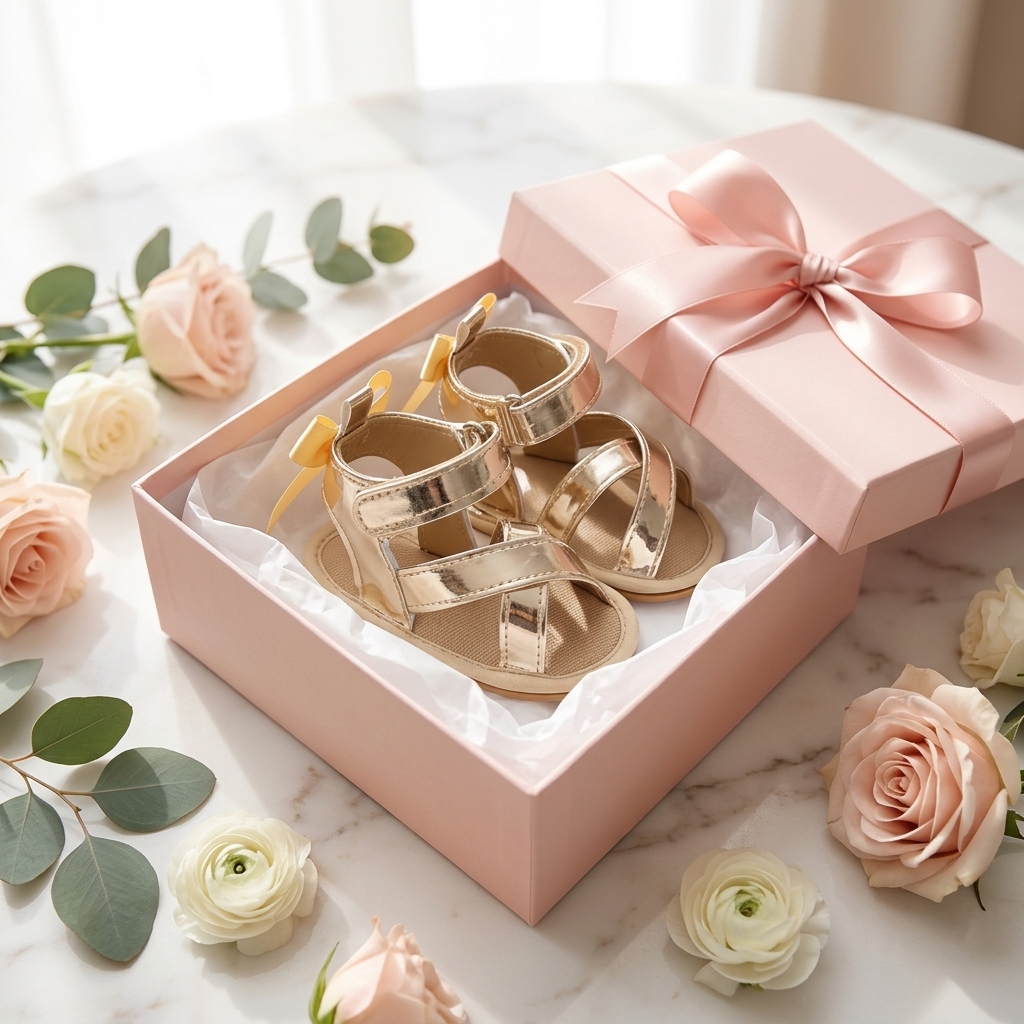 Mimou Babywear Soft Bottom Bow Sandals gift wrapped in a pink box with ribbon