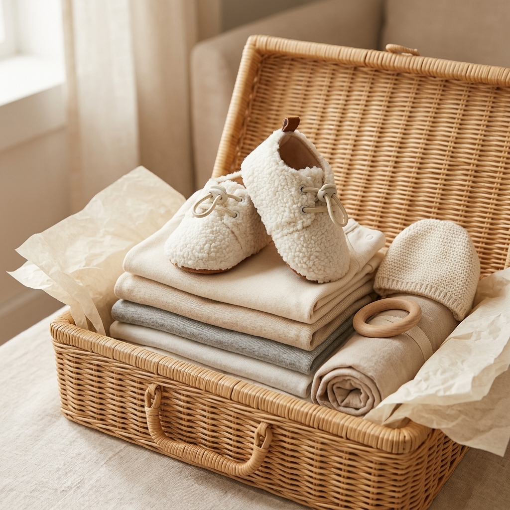 Mimou Babywear Cozy Warm Cotton Booties in a gift hamper with baby clothes