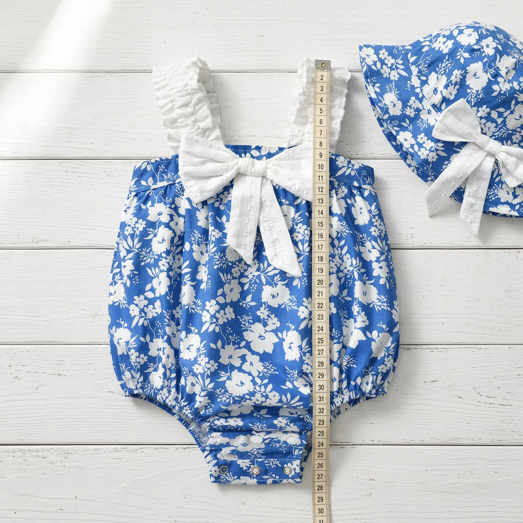 Mimou Babywear Porcelain Print Bow Bodysuit showing snap crotch closure detail