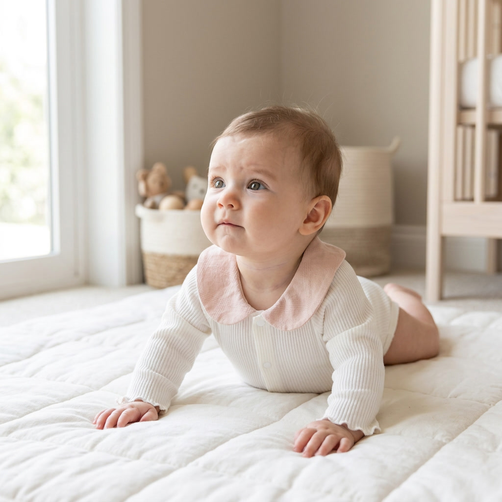 Bebé con body Mimou Babywear con cuello Peter Pan levantando la cabeza durante el tiempo boca abajo