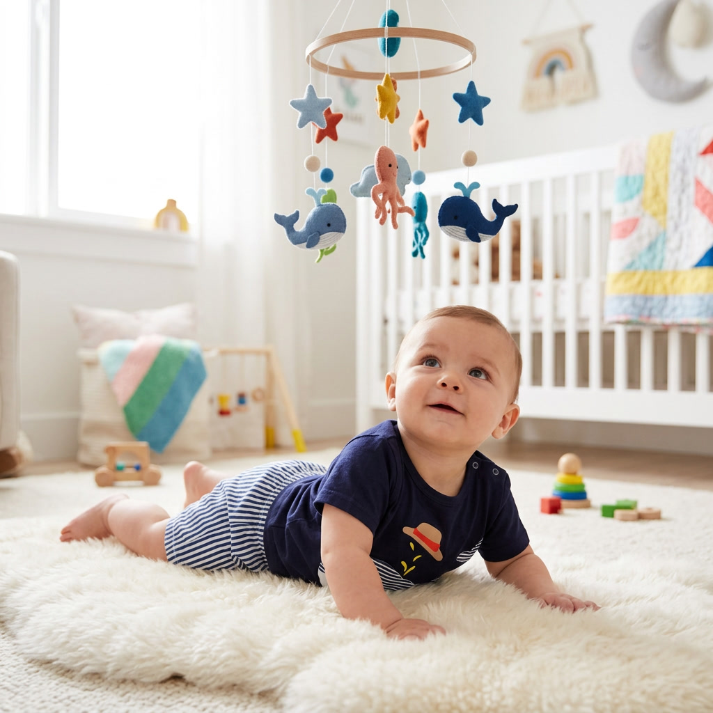 Bebé con conjunto de algodón Mimou Babywear Blue Whale sosteniendo la cabeza y mirando un móvil