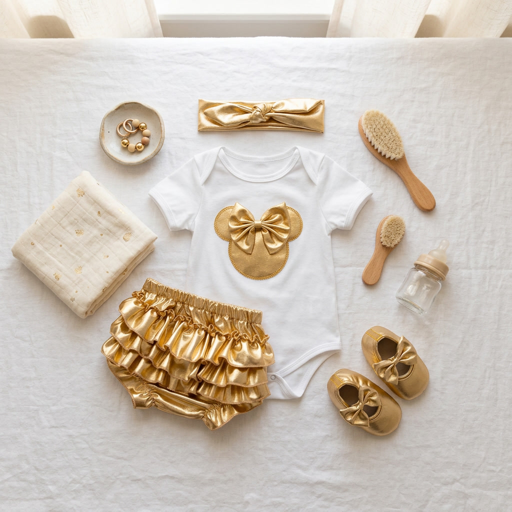 Mimou Babywear Summer Romper Set with baby essentials flat lay