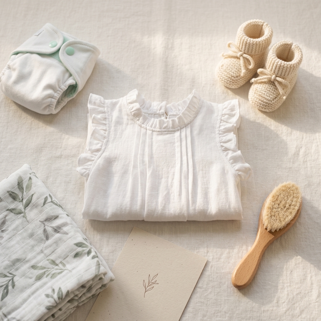 Mimou Babywear Linen Romper with baby essentials laid out on white linen