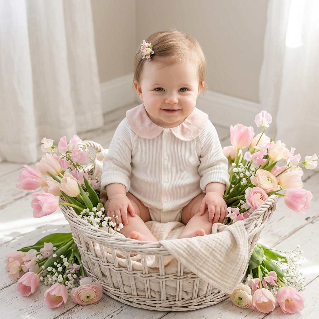 Adorable baby girl in Mimou Babywear Peter Pan collar bodysuit surrounded by spring flowers