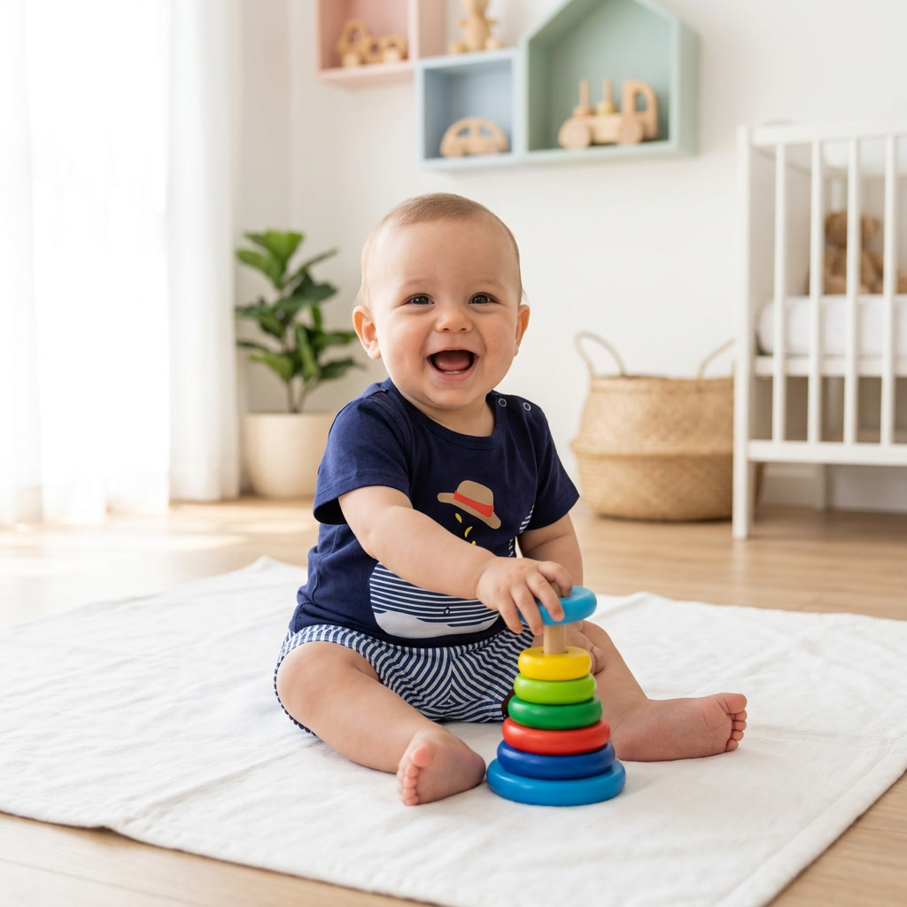 Bebé con conjunto de algodón Mimou Babywear Blue Whale sentado y alcanzando un juguete — guía de hitos del bebé