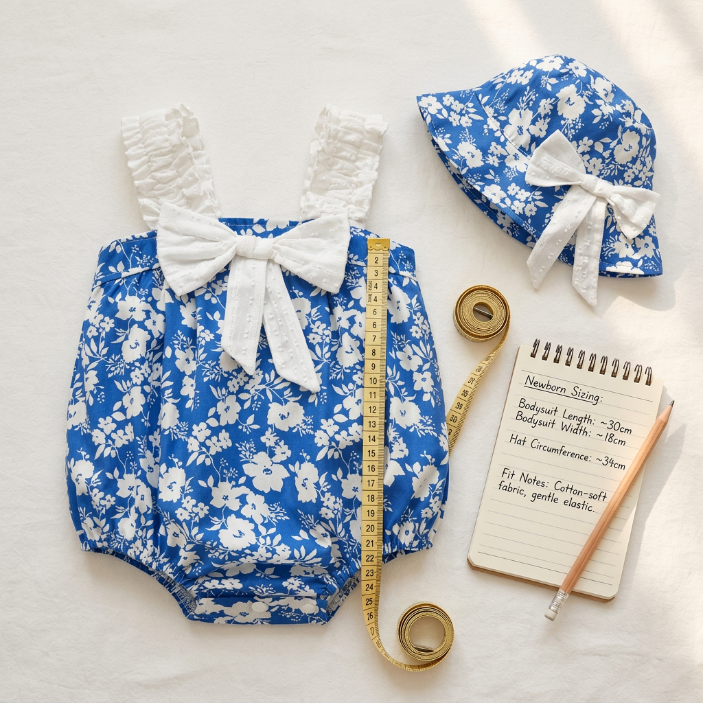 Bodies Mimou Babywear con cinta métrica — guía de tabla de tallas para ropa de recién nacido