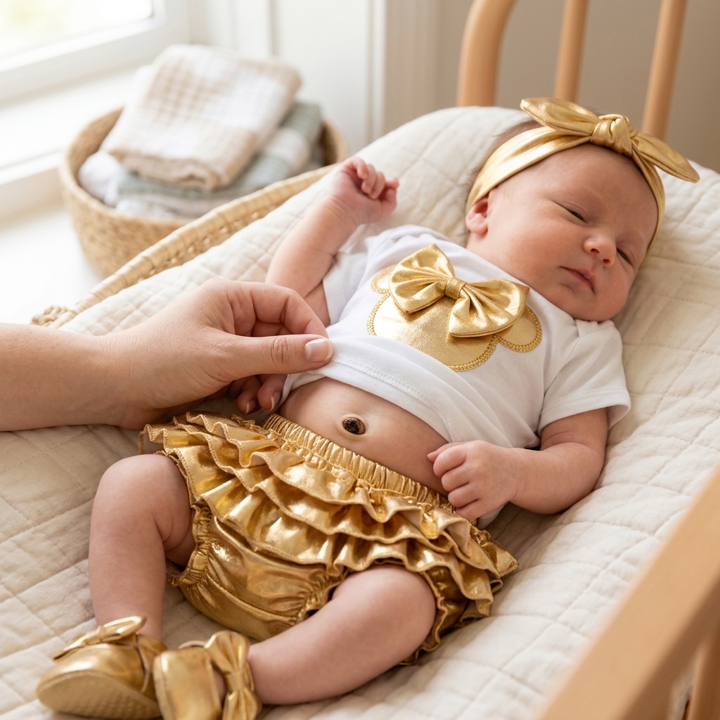 Newborn baby in Mimou Babywear summer romper with umbilical cord stump visible — newborn care guide