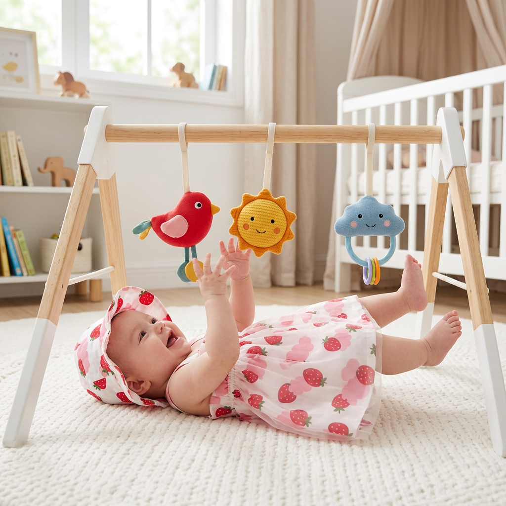 3-month-old baby in Mimou Babywear fruit print dress batting at hanging toys — 3 month milestones