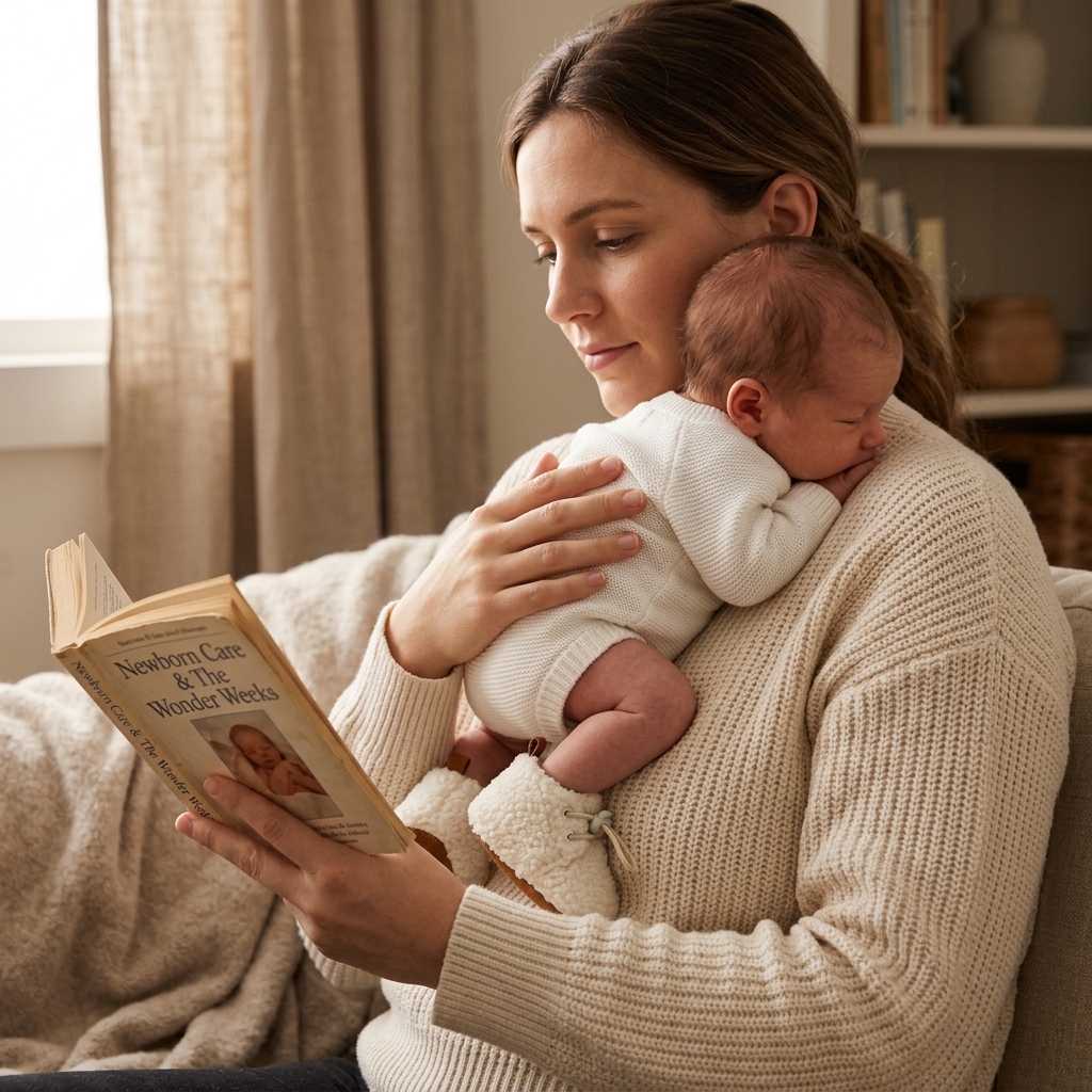 Parent holding newborn in Mimou Babywear cotton booties while reading — advice for new parents