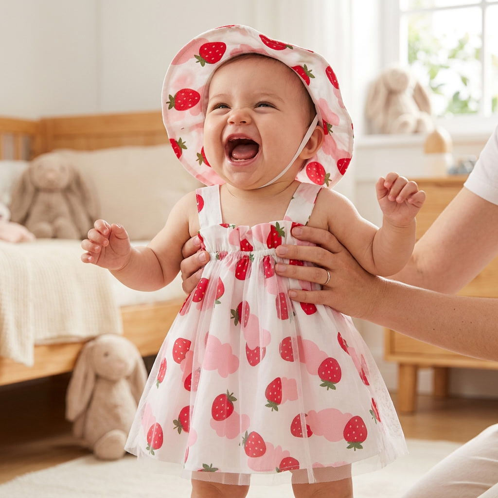 Baby in Mimou Babywear fruit print dress and hat in a full belly laugh — when do babies start laughing