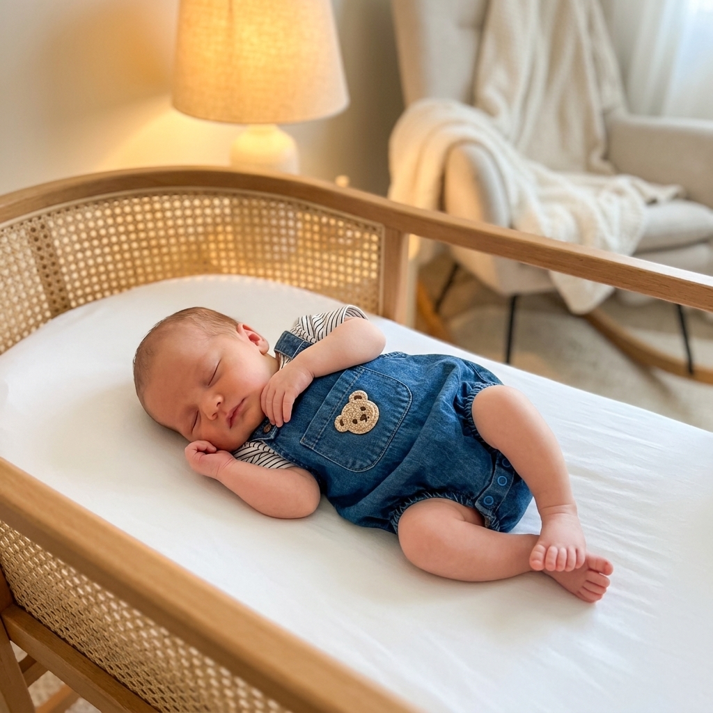 Recién nacido durmiendo en Mimou Babywear en un ambiente seguro de moisés — guía de horario de sueño para recién nacidos