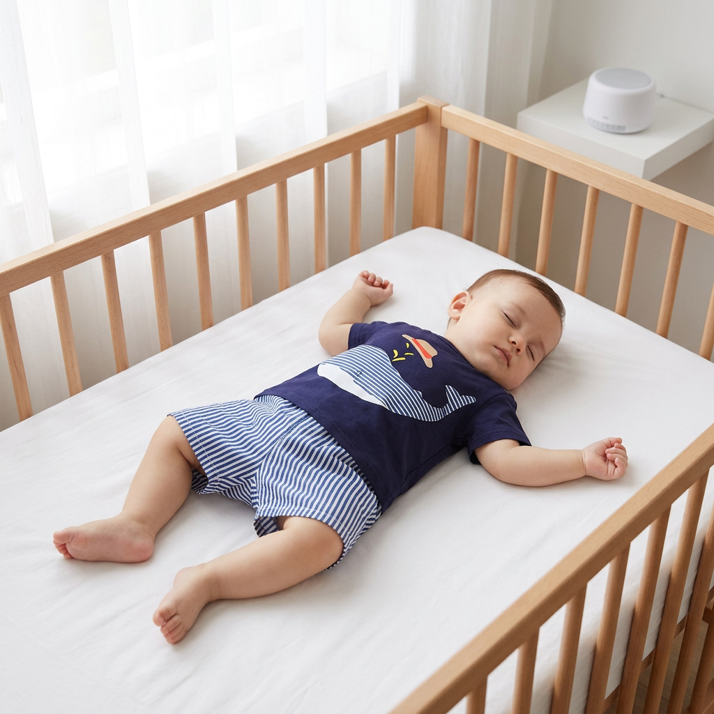 Baby in Mimou Babywear blue whale cotton set sleeping peacefully through the night