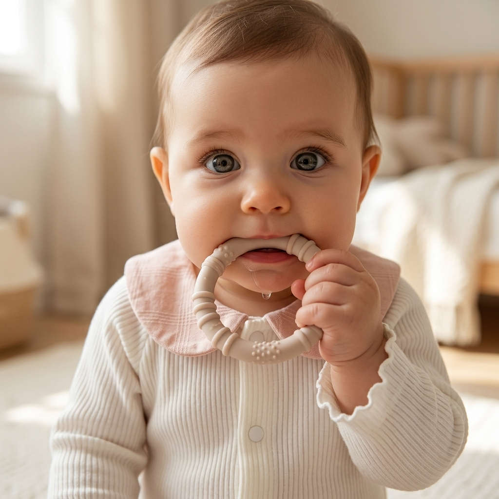 Baby in Mimou Babywear Peter Pan collar bodysuit chewing a teething ring — teething guide