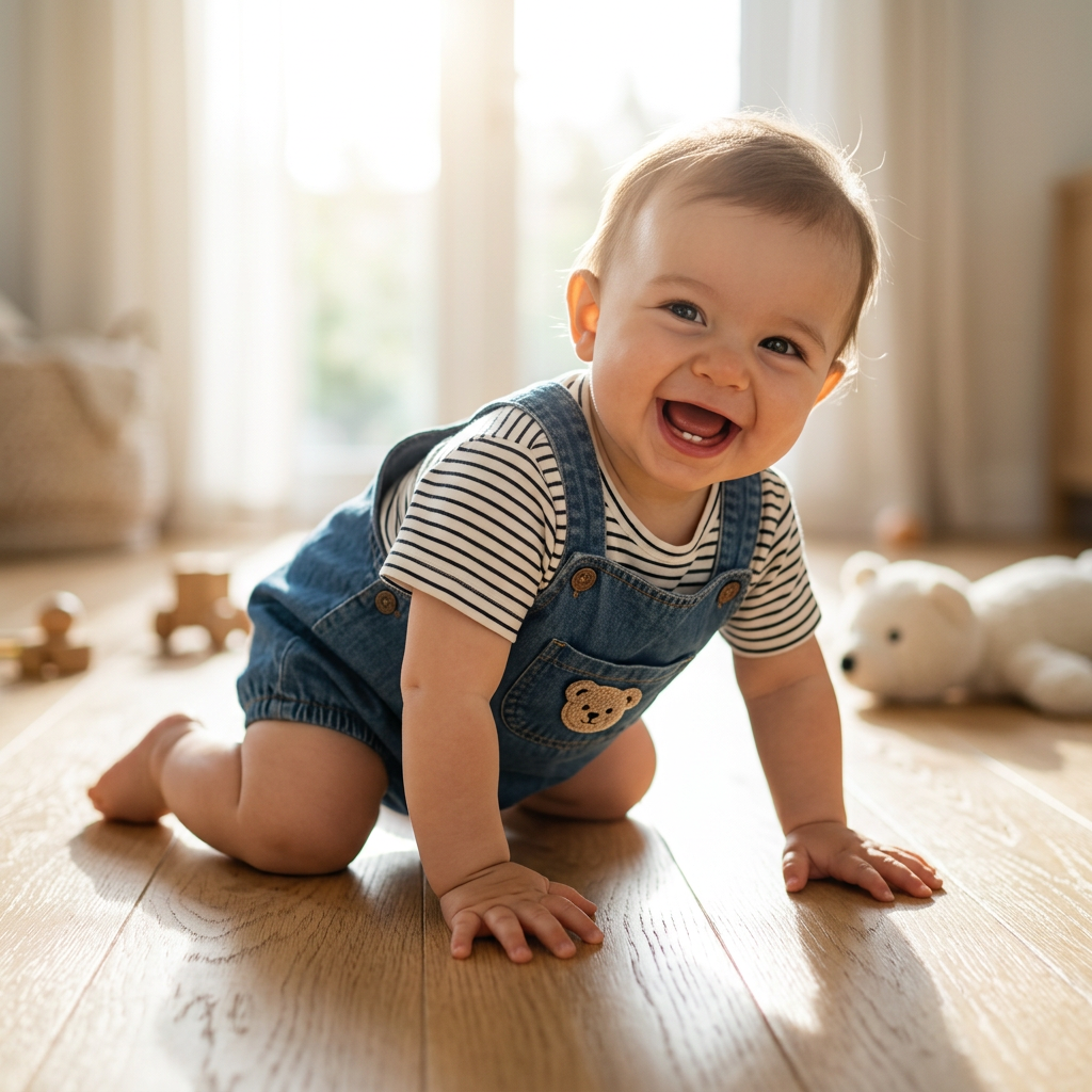 Bebé con shortalls de mezclilla con bolsillo de oso Mimou Babywear gateando sobre piso de madera — guía de hitos del gateo