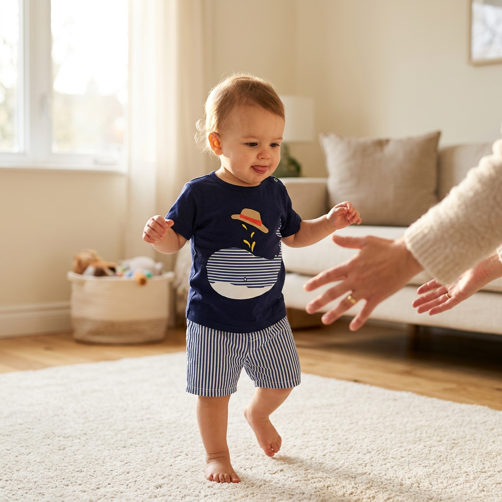 Niño pequeño con conjunto azul de ballena Mimou Babywear dando sus primeros pasos independientes — cuándo comienzan a caminar los bebés