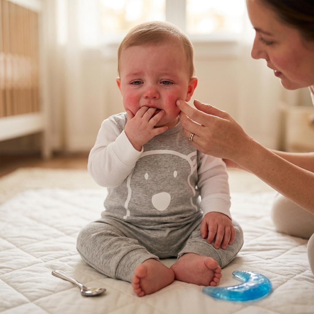 Baby in Mimou Babywear with teething symptoms — flushed cheeks and hand to mouth