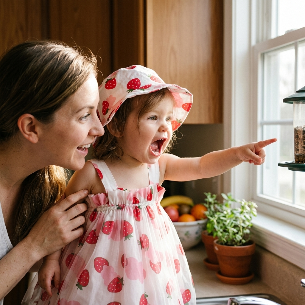 Niña pequeña con vestido de Mimou Babywear con estampado de frutas balbuceando y señalando — cuándo empiezan a hablar los bebés