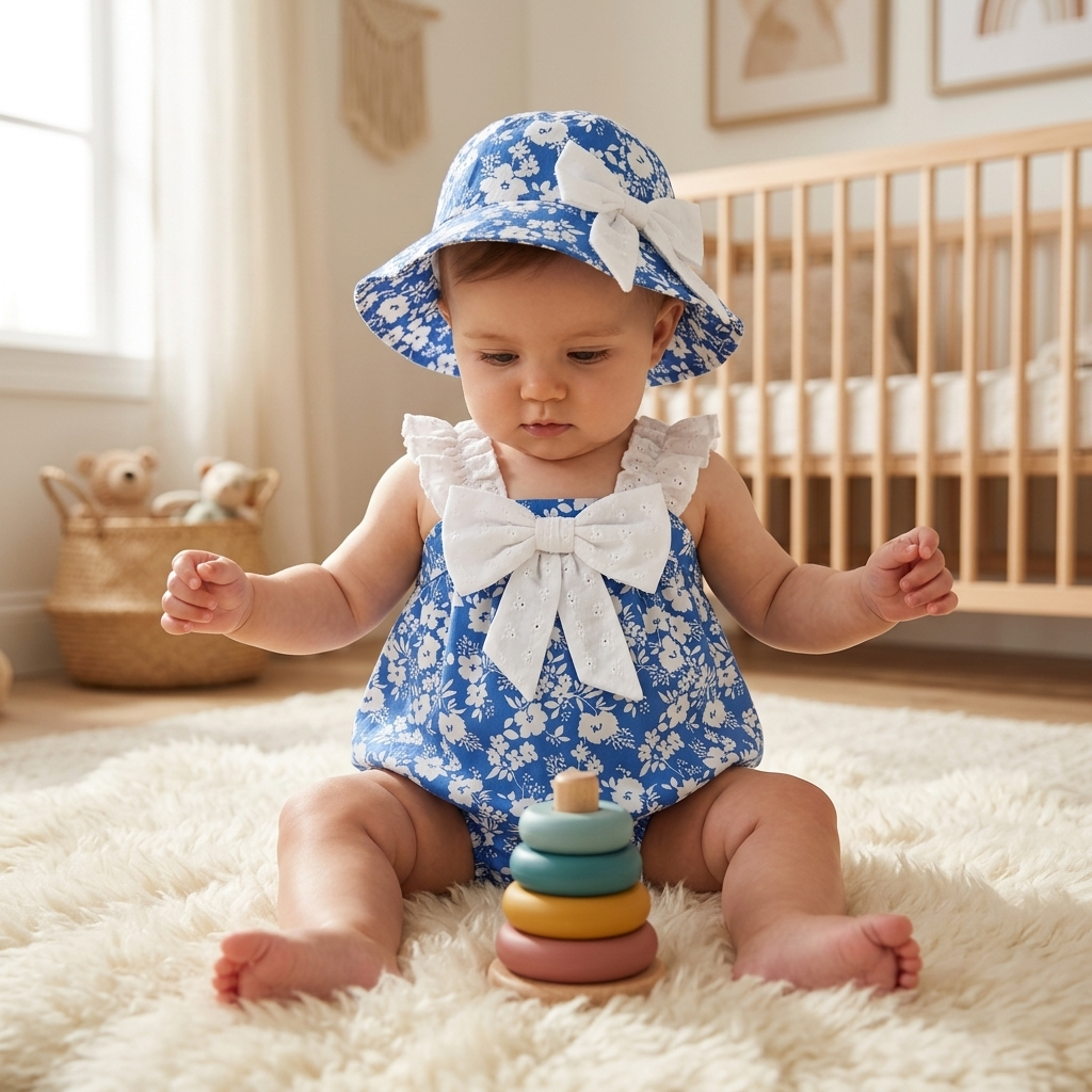 Bebé con body de porcelana Mimou Babywear sentado de forma independiente sobre una alfombra de piel de oveja