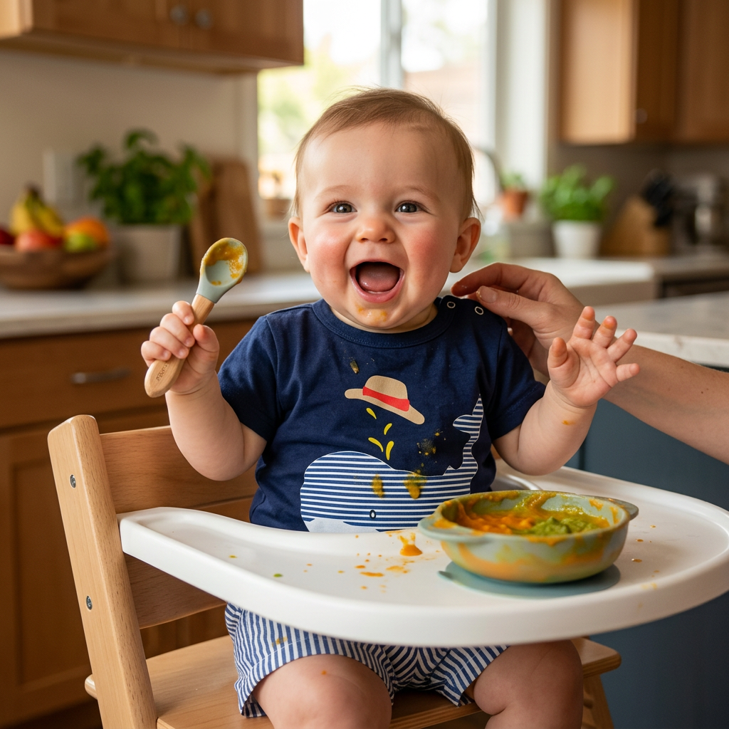 Baby in Mimou Babywear blue whale set in a high chair with first solid foods