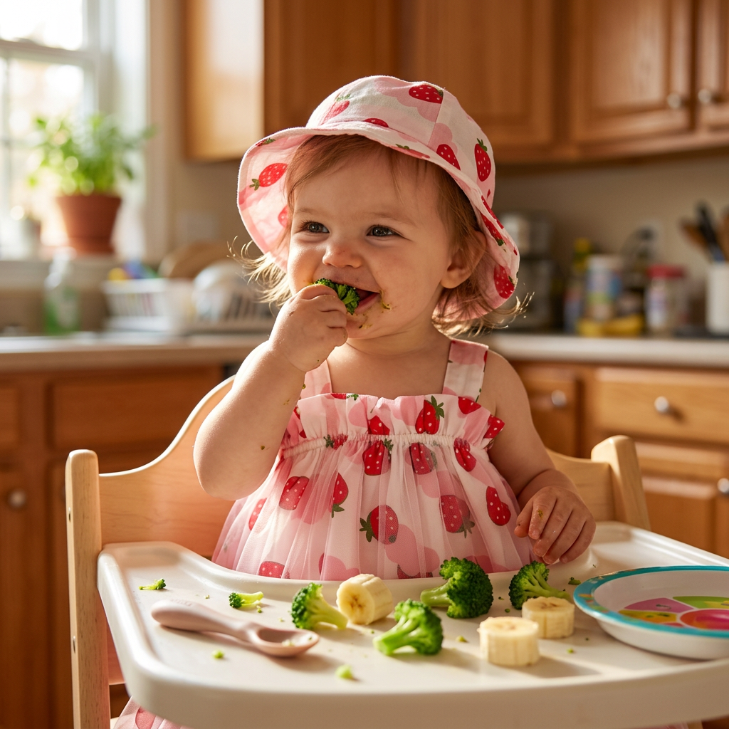 Toddler in Mimou Babywear fruit print dress self-feeding finger foods in a high chair — baby led weaning guide