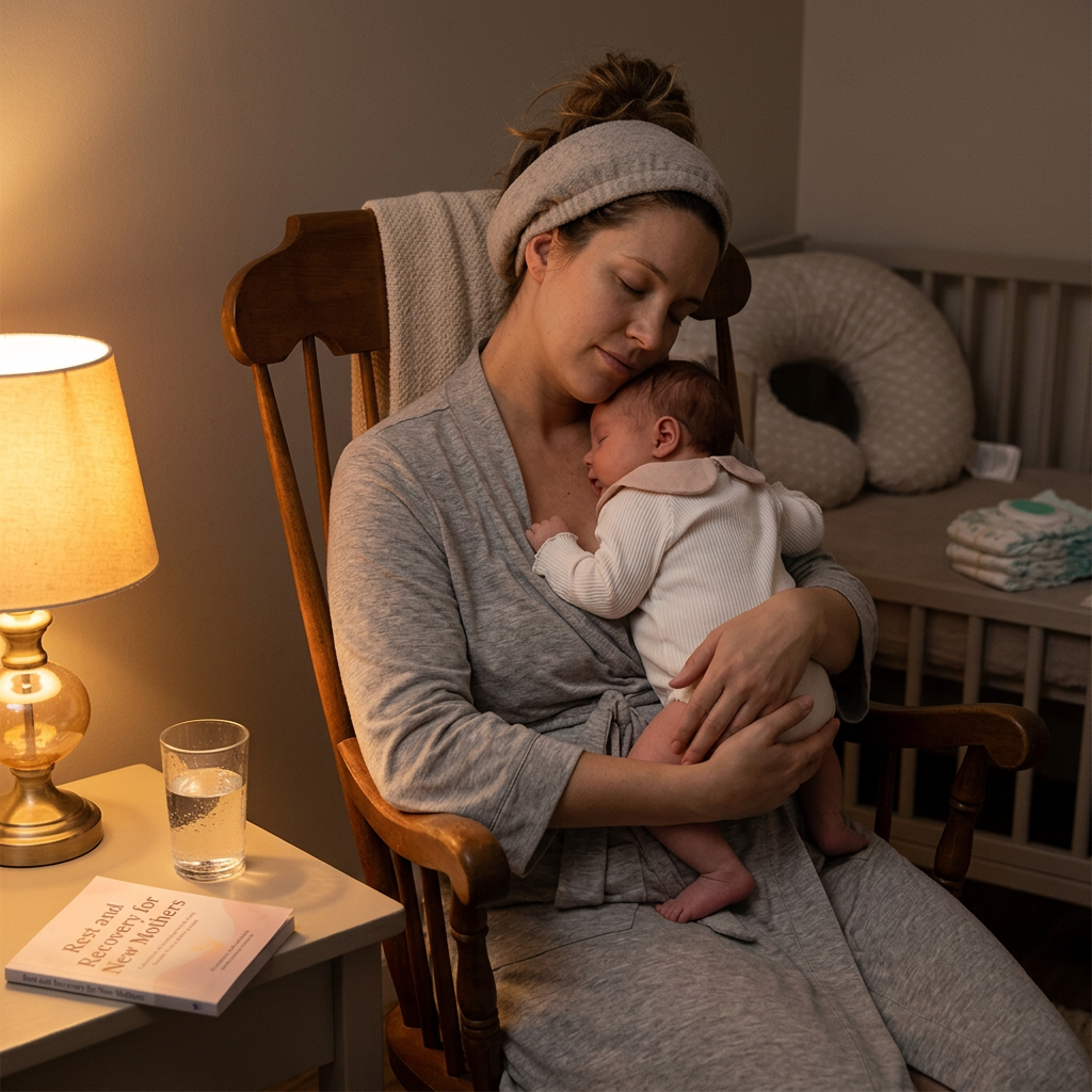 New mother holding newborn in Mimou Babywear in a rocking chair — postpartum care guide