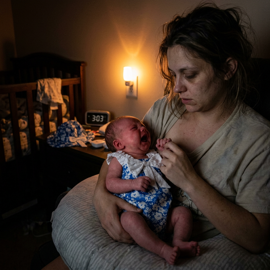 Bebé en Mimou Babywear siendo sostenido por un padre cansado por la noche — guía de brotes de crecimiento del bebé