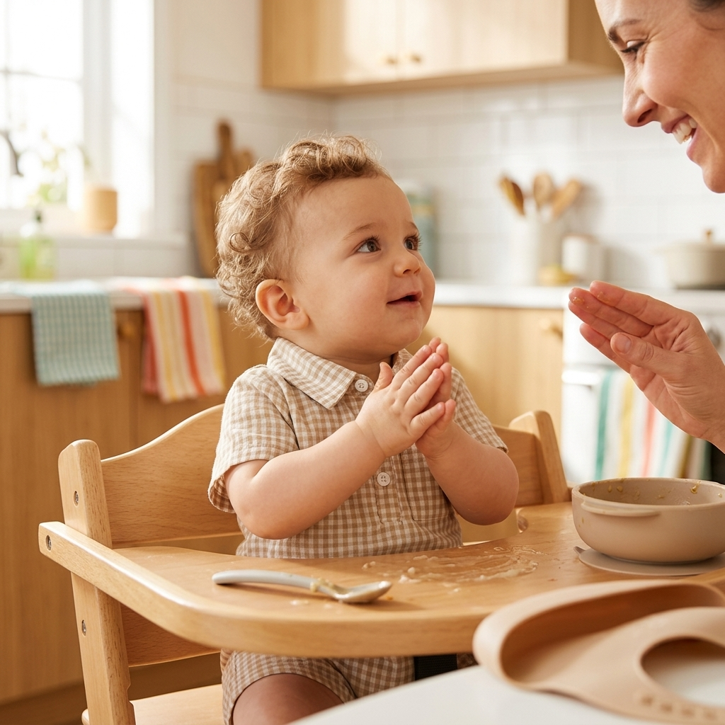 Baby boy in a Mimou plaid polo romper signing 'more' in his high chair at mealtime