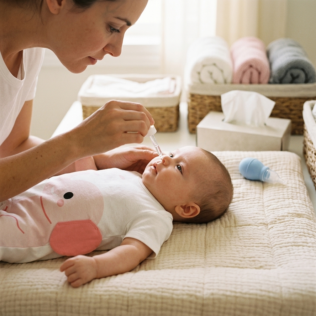 Parent gently using saline nasal drops on a baby in a Mimou pink elephant romper