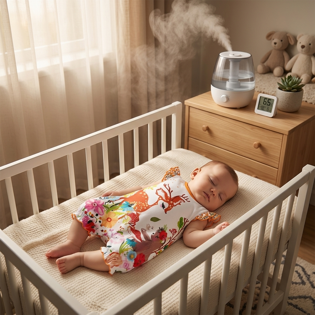 Baby in a Mimou woodland deer romper sleeping near a cool-mist humidifier