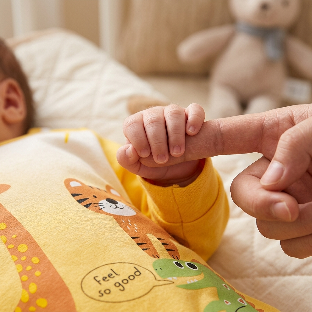 Newborn in a Mimou safari romper gripping a parent’s finger — the palmar grasp reflex