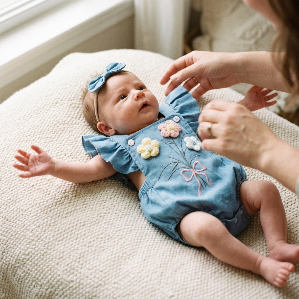 Newborn in a Mimou wildflower denim romper with arms splayed in the Moro startle reflex