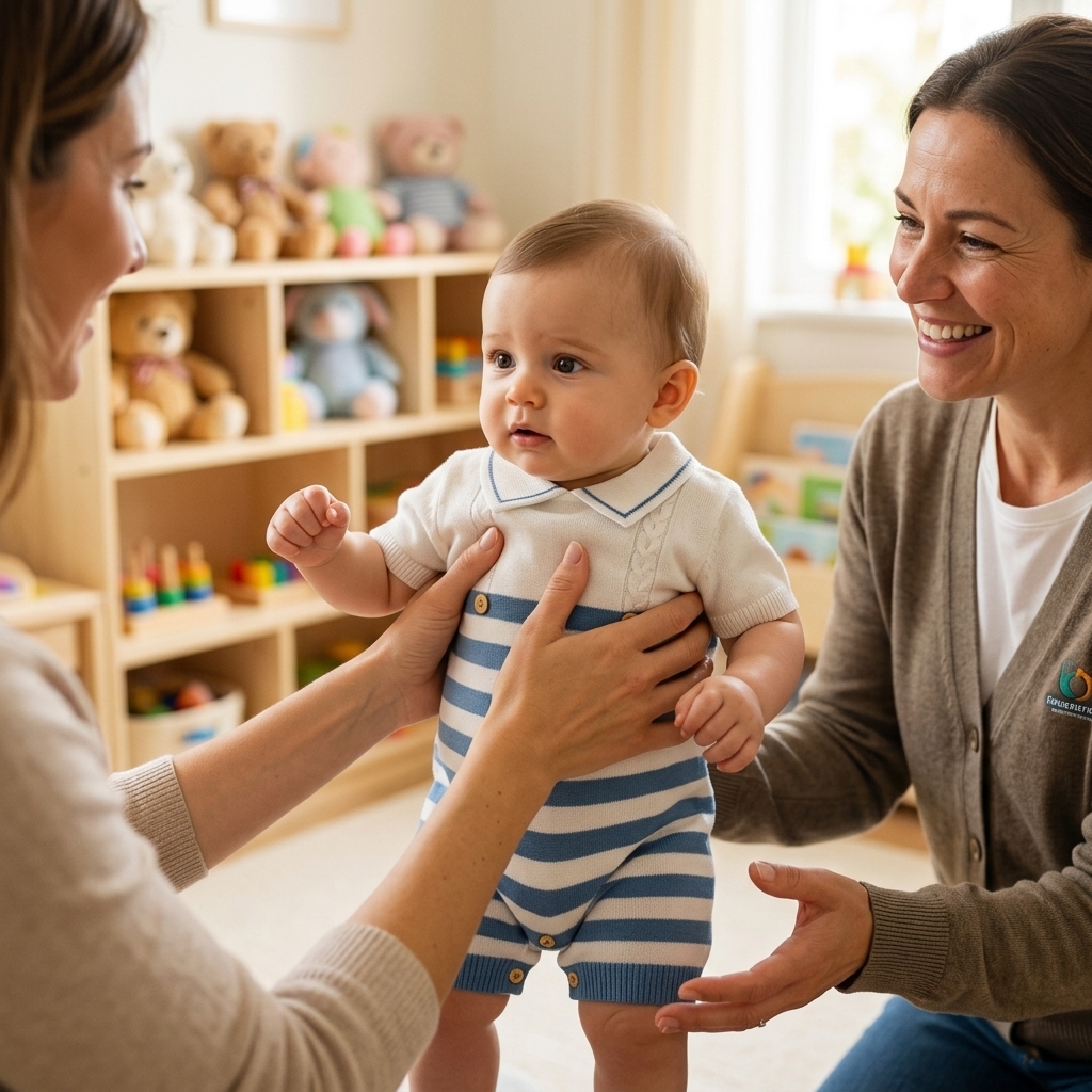 Ouder die een baby in een Mimou gebreide kraag romper aan een glimlachende opvangverzorger overhandigt