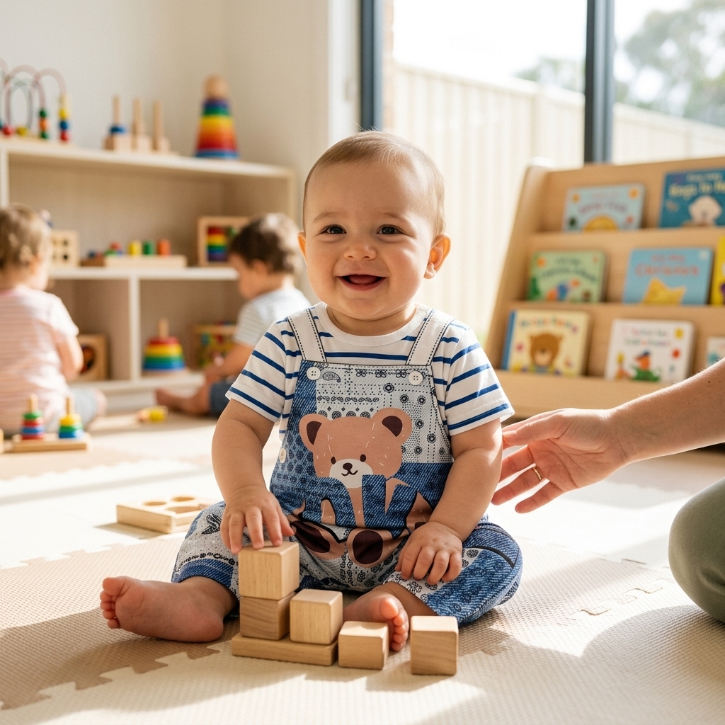 Baby in een Mimou teddybeer romper die vrolijk speelt op een speelmat van de opvang