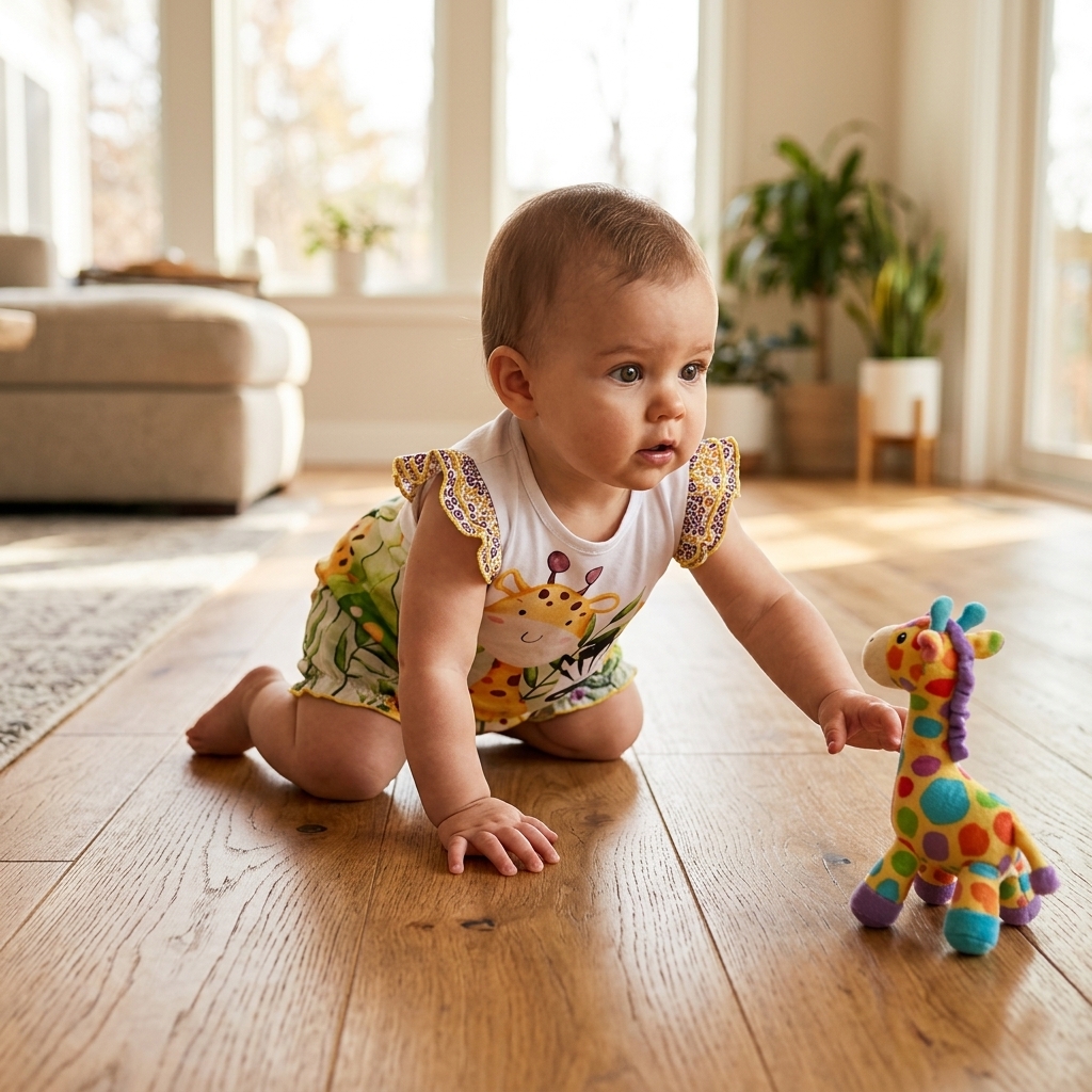 Baby in een Mimou kleurrijke jungle romper halverwege het kruipen reikend naar een speelgoed