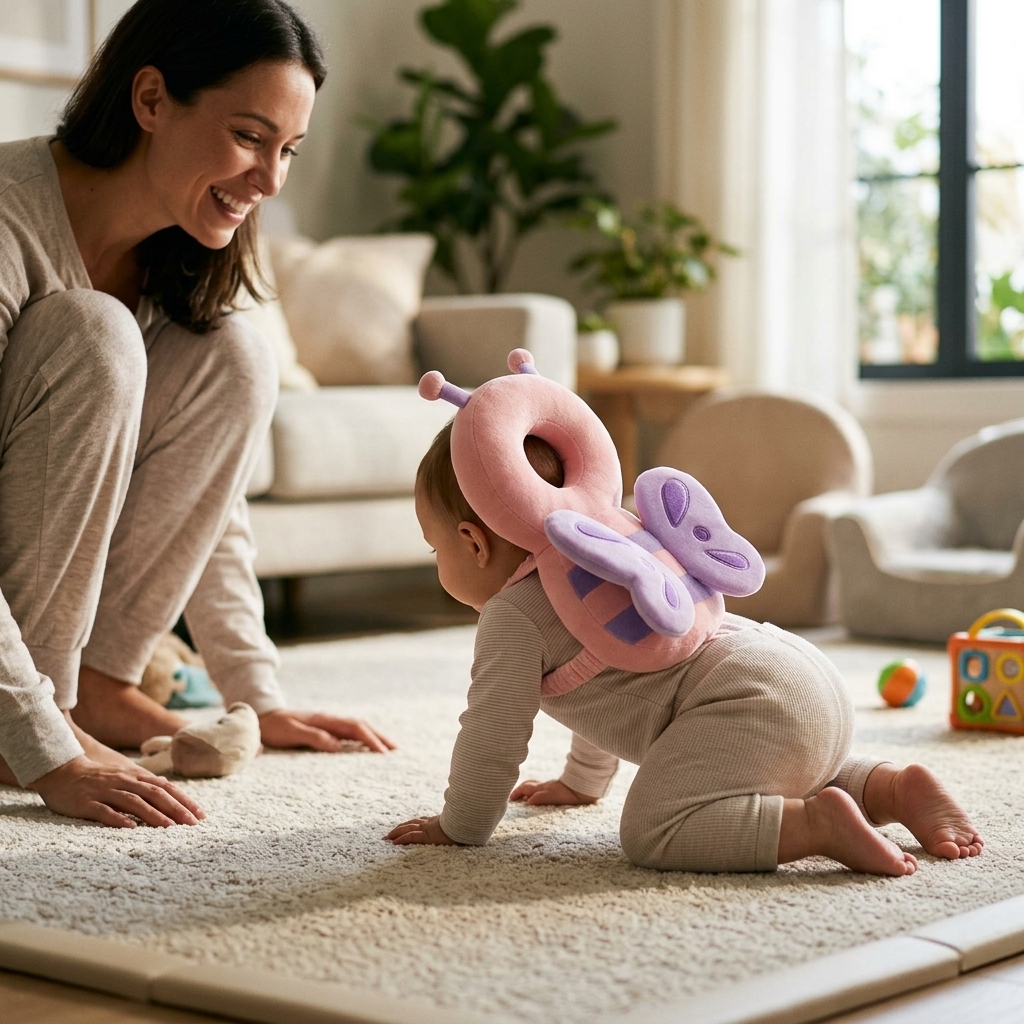 Baby met een Mimou hoofdbeschermingsrugzak kruipt veilig terwijl een ouder toezicht houdt