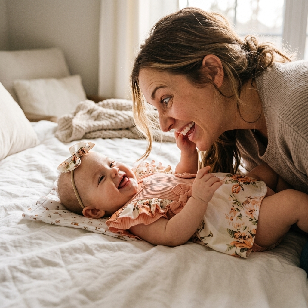 Parent making a playful face and baby in a Mimou floral romper laughing in response — serve and return