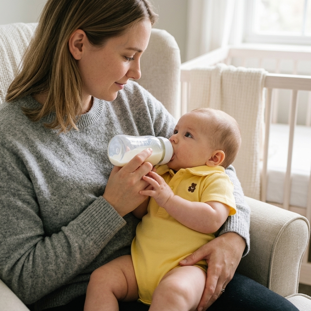Parent bottle-feeding a baby in a Mimou baby polo romper in a calm paced position