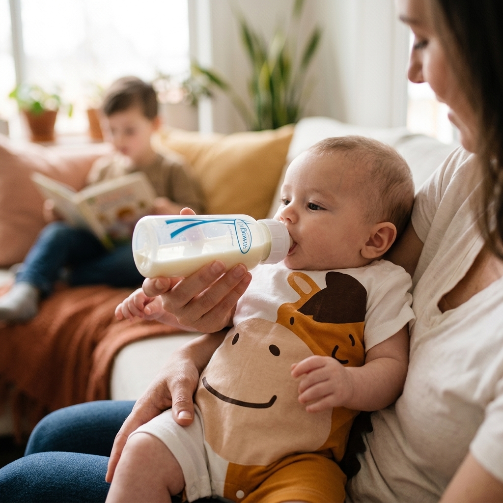 Baby in a Mimou baby horse romper being paced-bottle-fed semi-upright on a parent's lap